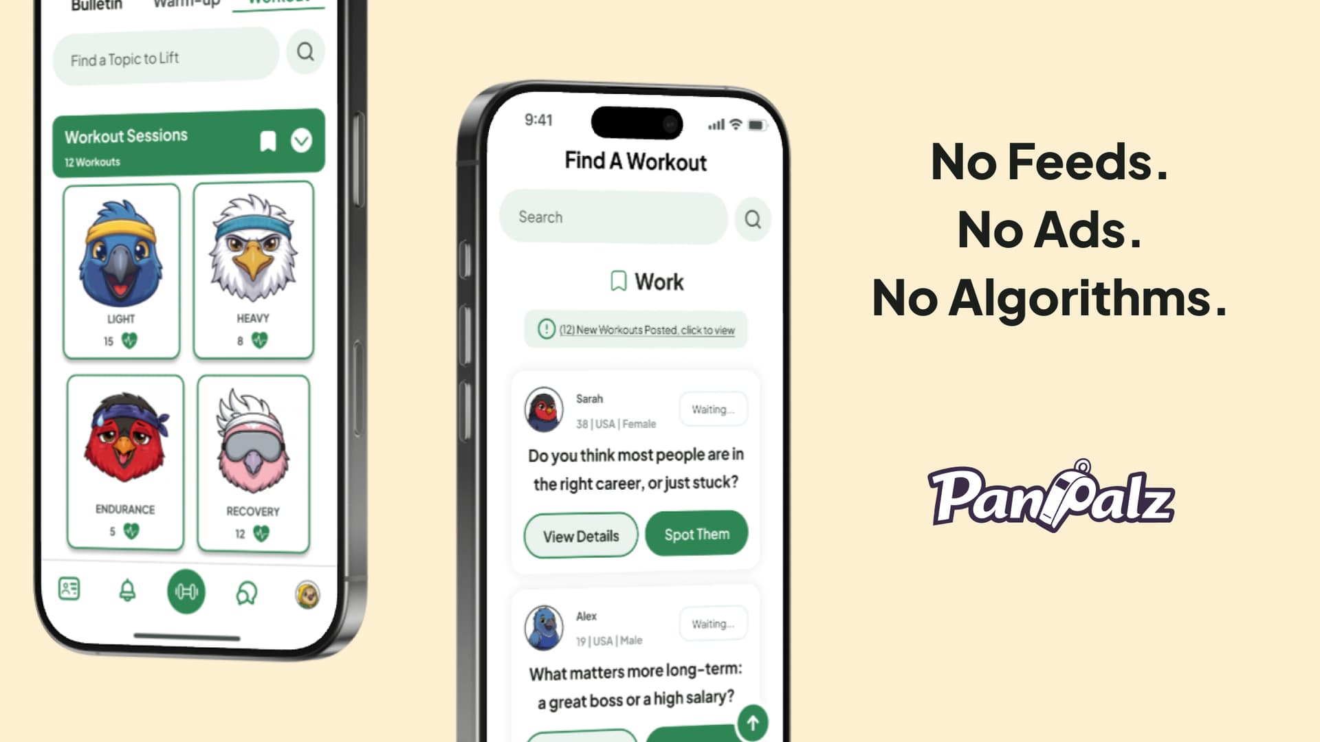 Community guidelines summary slide: 'No feeds,No ads, no algorithmic tracking, no data farming. You are the user, not the product.'