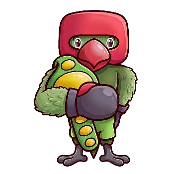 Parrot character in boxing gear holding a smaller bird