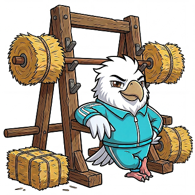 Determined white bird character next to a wooden training set