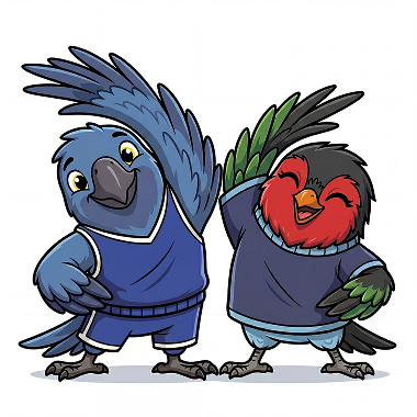 Two athletic birds wearing jerseys giving a high five